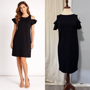 Pietro Brunelli Milano Black Cold Shoulder Flutter Sleeve Shift Dress M Italian